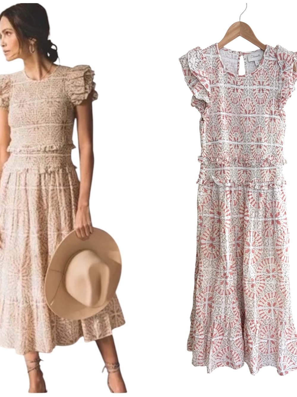 Cleobella Pink Gray Circle Emmy Smocked Tiered Midi Dress Medium